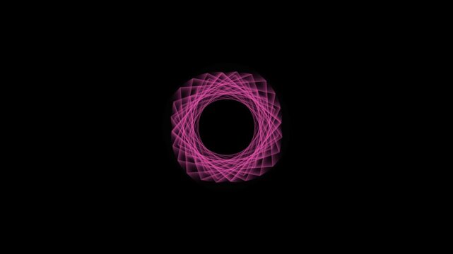 Rotating hypnotic mandala pattern with pink glowing lines on solid black background.