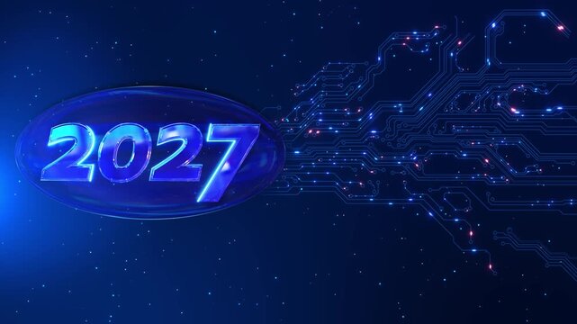 Futuristic 2027 New Year glowing blue numbers, digital circuit paths, neon signals, and a deep 19 scene. innovation promos, future forecasts, business intros, AI themes, tech presentations.