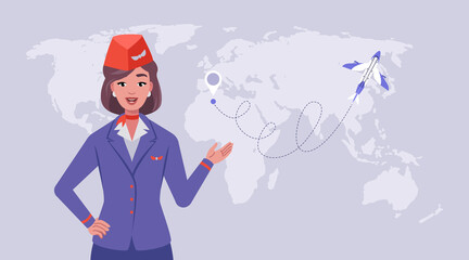 Flight Attendant Presenting International Air Route © Maria Bobrova