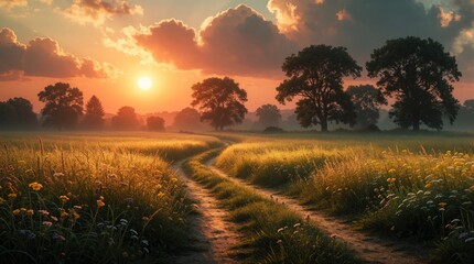 Fototapeta premium Dirt path winds through golden field at sunset. Trees and clouds are silhouetted against warm sky. Rural landscape bathed in soft light, evoking peace.
