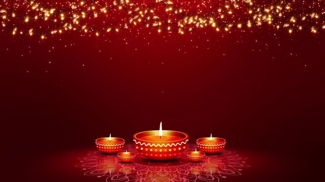Glowing Diwali diyas decorative rangoli golden string lights, sparkling particles, rich red festive background. Indian festival greetings, celebration banners, invitations, spiritual events, holiday