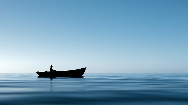 Solo helmsman steering small boat in silhouette on calm open water at sunrise