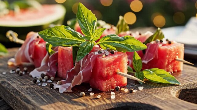 Watermelon and prosciutto skewers with basil on wooden board