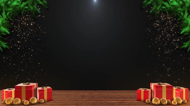 Elegant Christmas scene red gift boxes, golden ornaments, pine branches, wooden floor, sparkling lights, copy space. holiday advertising, seasonal sales, greeting titles, product promos, Christmas .