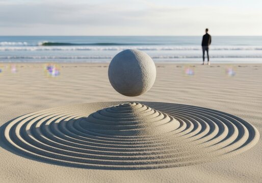 A stone sphere levitates above a sand garden with concentric circles on a beach with a person in the background