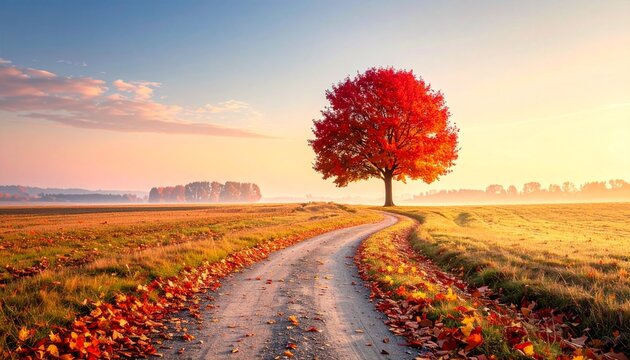 Autumn path leading toward a bright red tree