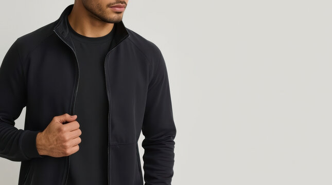 Athletic Asian man wearing black zip jacket in studio with neutral background
