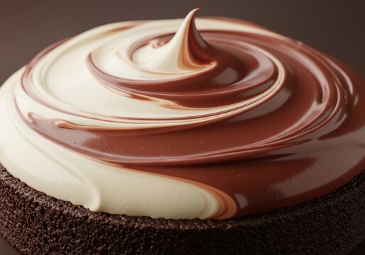 Closeup of chocolate and vanilla frosting swirled on a dark chocolate cake