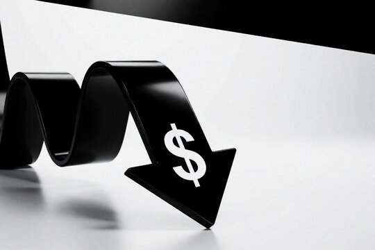 Black ribbon arrow with dollar symbol curves downward indicating financial crisis. Concept of recession, cost reduction, economic decline, and market loss. Minimalist 3D render.