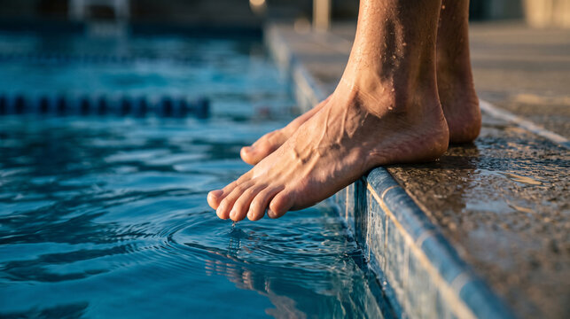 Bare feet of a person standing on the edge of a swimming pool testing the water