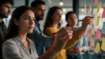 Obraz premium Diverse group of colleagues plan project on glass wall with sticky notes. People brainstorm ideas, write, talk about tasks. Teamwork in modern office space.