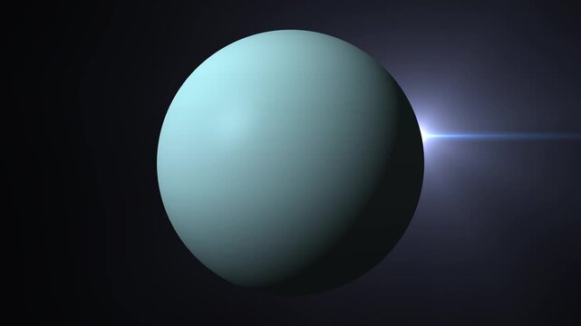 Uranus planet rotating in deep space with bright sun flare and dark background