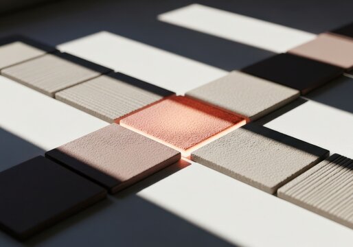 Arrangement of square tiles in a cross shape with one central rose gold tile catching light