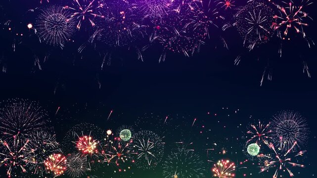 Dynamic fireworks frame bright bursts dark blue center, copy space titles or messages. New Year content, celebration promos, event backdrops, party videos, festive branding, and greeting visuals.