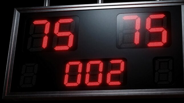 Electronic scoreboard shows tied score of seventy five points for both teams. Red LED numbers display game results during intense sport match. Digital timer, points readout in dark stadium arena at