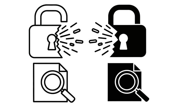 Broken padlocks and magnifying glass icons