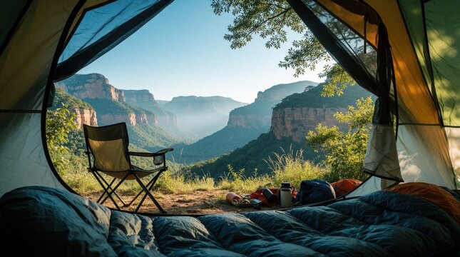 Tent interior view with sleeping bag and folded chair. Vast misty canyon landscape visible outside. Camping gear beside tent entrance. Early morning serene nature scene.