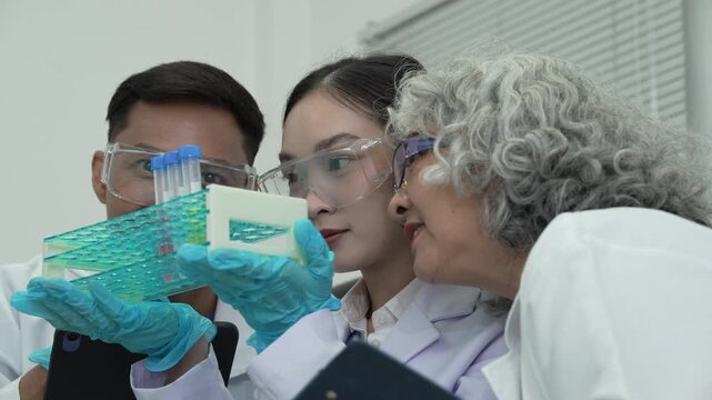 Three scientists wearing goggles and gloves examine a microplate together in a modern laboratory, showing teamwork, research and careful analysis.