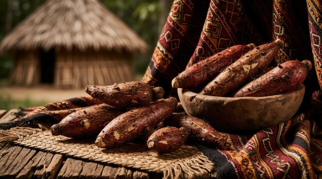 Heap of raw cassava roots sits in rustic wooden bowl beside woven mat. Traditional thatched hut in background, rich patterned cloth draped beside harvest.