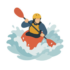 Fototapeta premium Hand-traced vector illustration of a kayaker navigating turbulent river rapids in a bright orange kayak, wearing a yellow helmet and life vest while paddling through splashing white water waves.