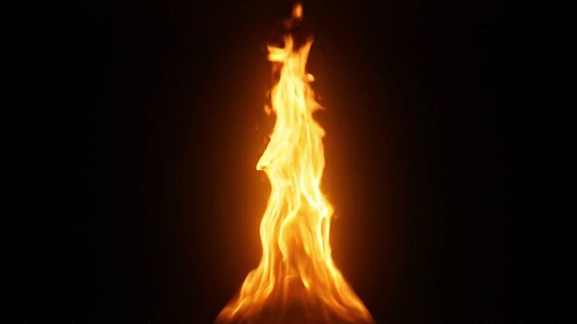 Tall Orange Flame Burning Steadily Isolated on Black Background
