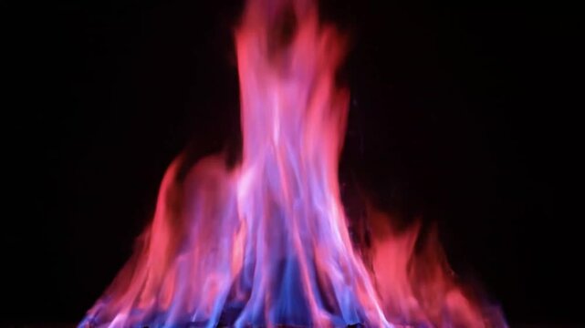 Vibrant Red and Blue Fire Flames Rising from Burning Charcoal Base