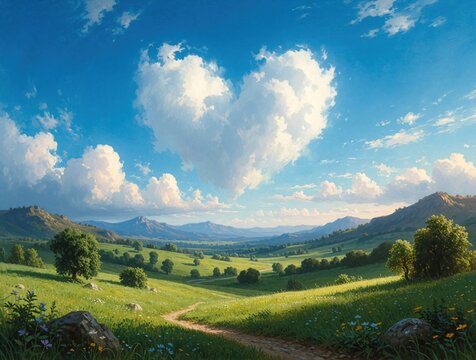 Heart shaped cloud floats in bright blue sky above green valley. Scenic landscape shows rolling hills, meadow, trees, mountains. Sunny day in nature with peaceful atmosphere, dreamy summer view.