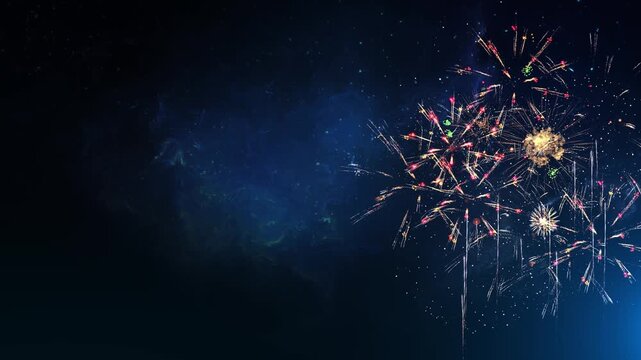 Bright multicolor fireworks dramatic navy celebration scene spacious room text or logos. countdowns, festival announcements, party invitations, event promos, greeting festive motion backgrounds.