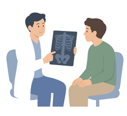 Obraz premium Hand-traced vector illustration depicting a smiling physician in white coat carefully explaining chest X-ray and pelvis scan results to young male patient during medical consultation
