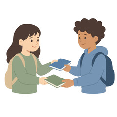 Obraz premium Charming hand-traced vector illustration showing two happy school children, a smiling girl and boy with backpacks, cheerfully exchanging colorful notebooks in a vibrant educational classroom scene