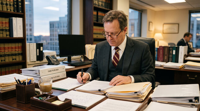 Mature lawyer working on legal documents. Professional attorney reviewing case files in office.