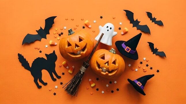 Halloween decorations with pumpkins, bats, and witch hats on orange