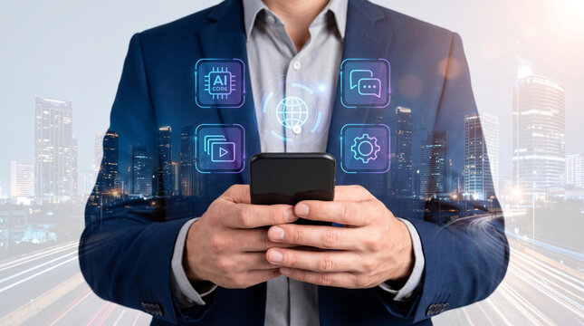 Ai business workflow agentic smartphone executive ai business workflow agentic. artificial intelligence technology innovation. automation system process analysis, agent assistant management