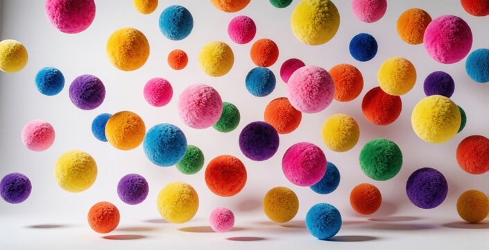 Many colorful fluffy spheres float in studio. Balls in different sizes and bright colors fill white background. Playful round objects create dynamic abstract composition.