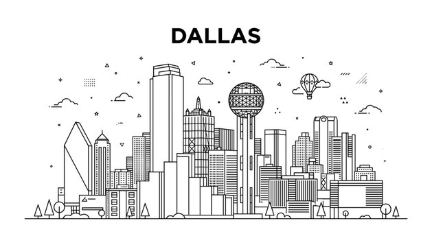 Dallas Texas city skyline black outline panorama banner with famous historical landmarks buildings skyscrapers and hot air balloon
