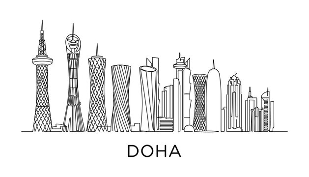Doha Qatar city skyline black linear panorama banner with famous historical landmarks modern architecture buildings skyscrapers design