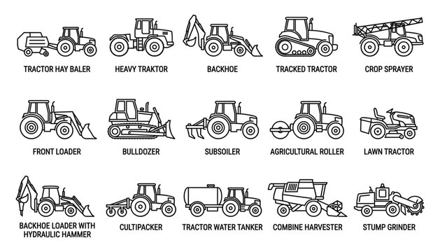 Farm vehicle and construction machinery outline icon set with bulldozer backhoe front loader tractor combine harvester baler