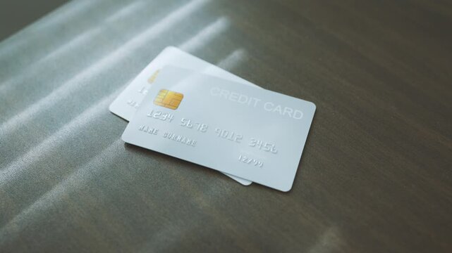 E-commerce payment setup, hand placing multiple credit card on top of stack one by one. E-commerce checkout preparation.