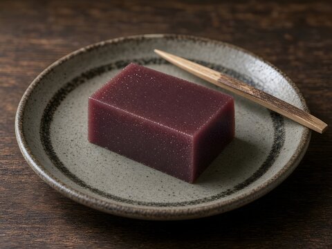 Traditional Japanese Imo Youkan Sweet Potato Jelly, Elegant Serving with Sweets Pick