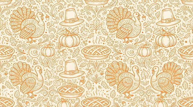 Seamless pattern with turkeys, pilgrim hats, pumpkins, and pies for thanksgiving, handdrawn doodle style illustration