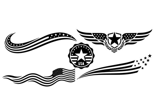 Patriotic american designs featuring stars stripes wings and a badge isolated on white
