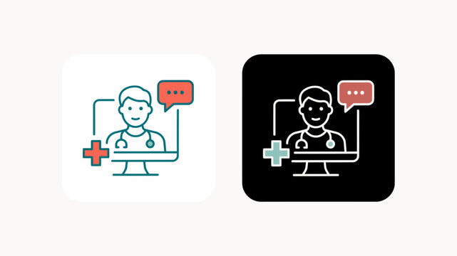 Telemedicine consultation icon depicts a doctor with a speech bubble and medical cross symbol telehealth virtualcare physician healthcare