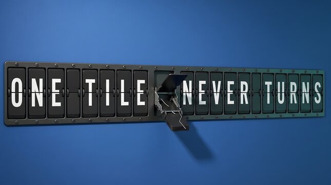 A split-flap board displaying the phrase ONE TILE NEVER TURNS with a mousetrap inside, symbolizing hidden risks, deception, and unexpected obstacles in business.