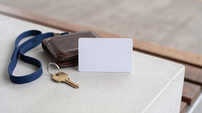 Access card, key, and wallet on bench
