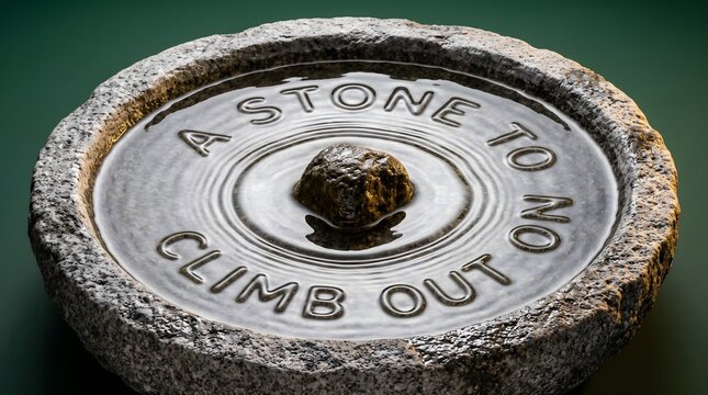 A stone basin filled with clear water and a central rock symbolizes hope and sanctuary, echoing the carved words "A STONE TO CLIMB OUT ON" as a visual metaphor for salvation and support.