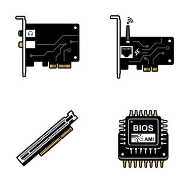 Computer hardware components set, black white, technology icons, vector illustration