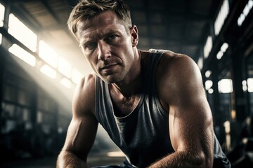 Fototapeta na wymiar Muscular man sits in gym after hard workout. Sweat drips from his face showing his strong will and deep exhaustion. He stares ahead with intense focus, ready for more.