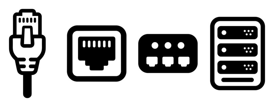 Ethernet cable plug port switch server, black white network icon set, vector illustration