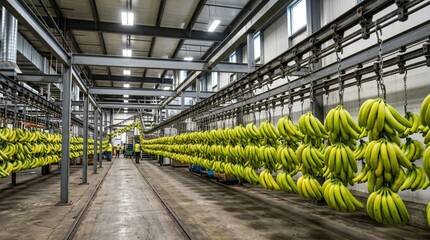 Naklejka premium Long industrial aisle of green-yellow ripening bananas hanging from overhead conveyor racks in a cold storage warehouse facility with fluorescent lighting and concrete floor