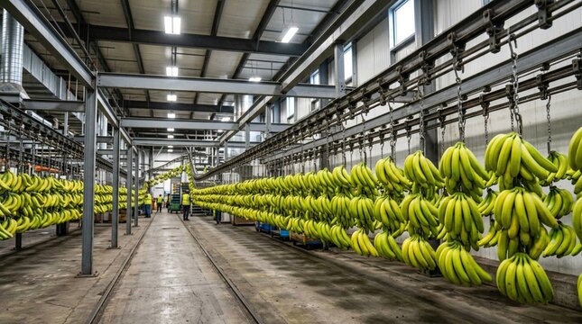 Long industrial aisle of green-yellow ripening bananas hanging from overhead conveyor racks in a cold storage warehouse facility with fluorescent lighting and concrete floor
